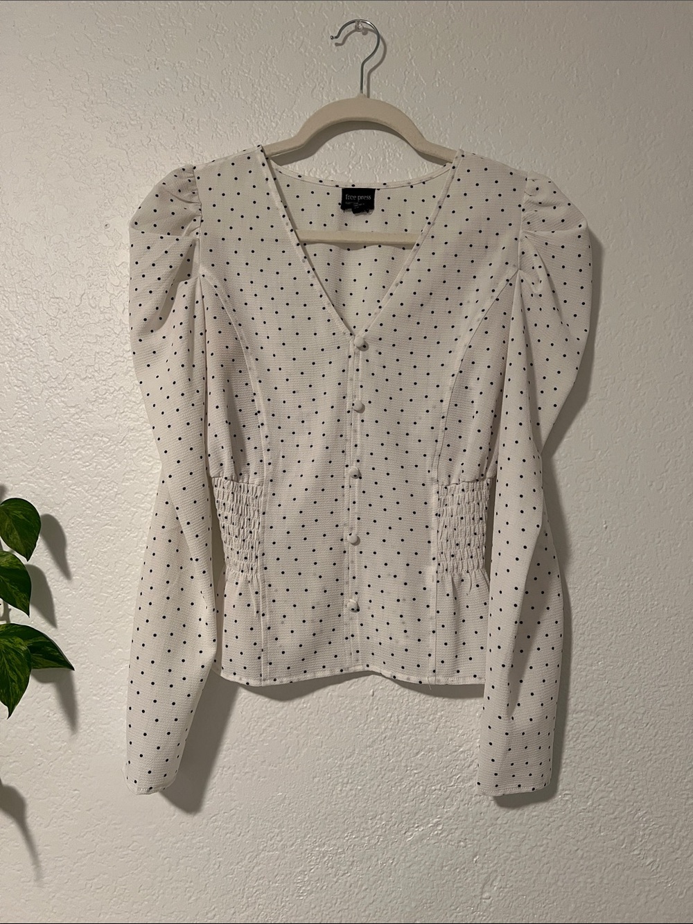 Cream Blouse with Black Polka Dots and Puff Sleeves